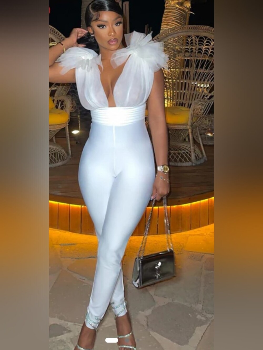 Fashion Nova White Sheer-Tulle Shoulder Plunging Jumpsuit